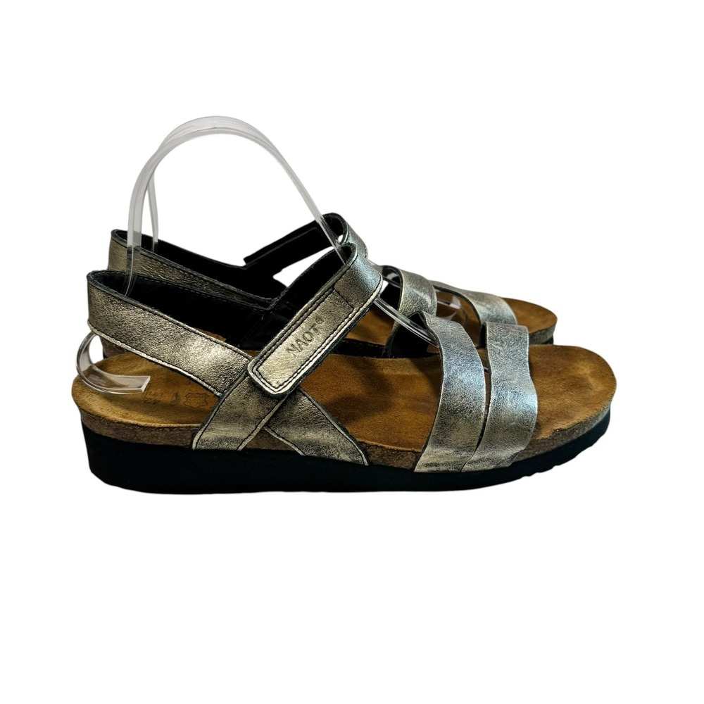 Naot Leather Strappy Boho Wedge Hook Loop Cork Comfort Sandals 42 Gold Black